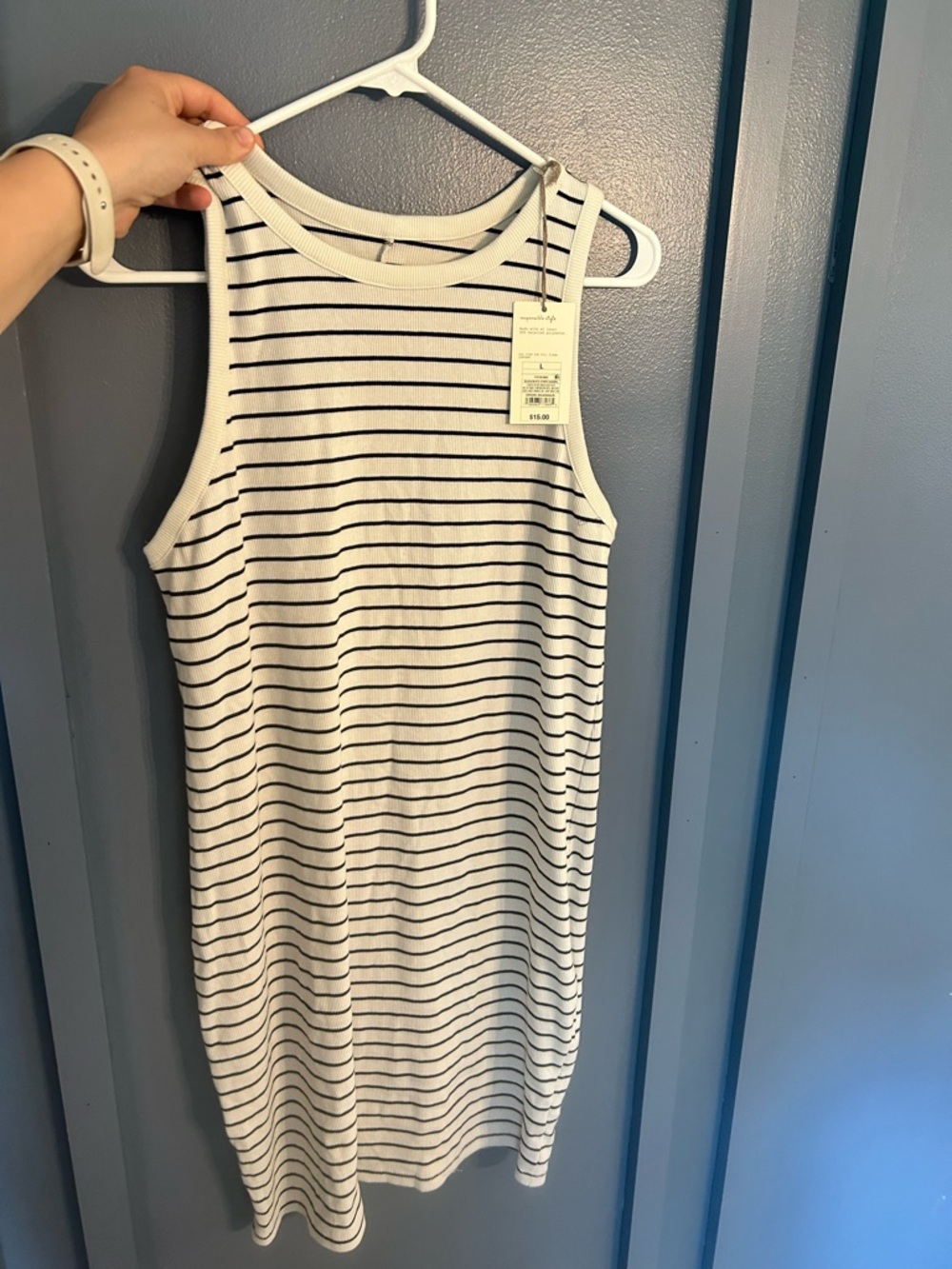 Sleeveless Black & White Striped Rib Knit Dress
